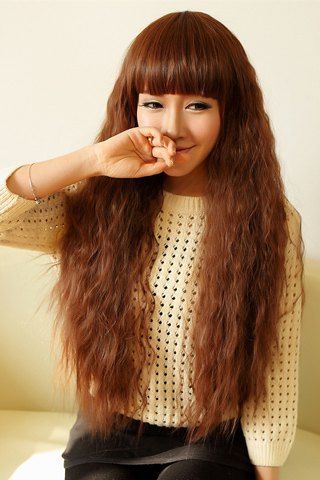37 Off Personality Long Wavy Light Brown Neat Bang Fluffy Sweet