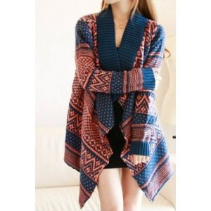 

Trendy Style Jacquard Pattern Irregular Long Sleeve Women's Cardigan, Blue