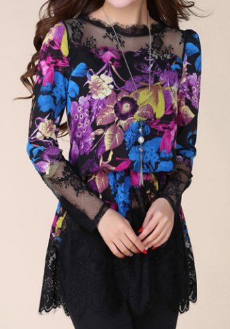 Overlay Round Neck Flower Print Black Blouse