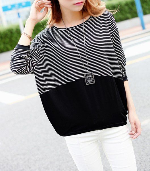 [27% OFF] Casual Style Round Neck Pinstripe Print Long Sleeve Women's T ...