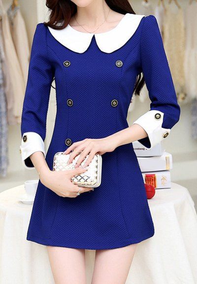 Blue S Ladylike Style Peter Pan Collar Double-breasted Decorated 3/4 ...