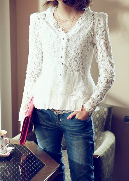 

Elegant Long Sleeves Shoulder Pads Solid Color Hollow Out Lace Cardigan For Women(Without Tank Top), White