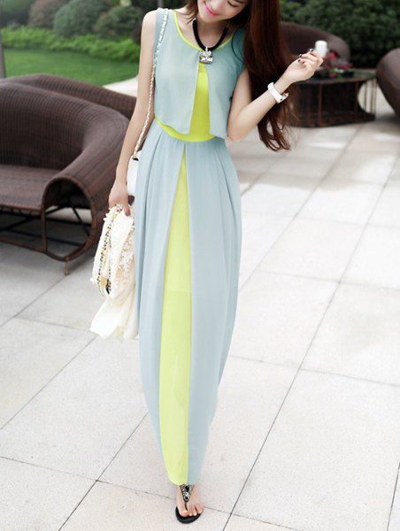 

Sleeveless Scoop Neck High Waistline Stitching Cape-style Ladylike Women's Dress, Light green