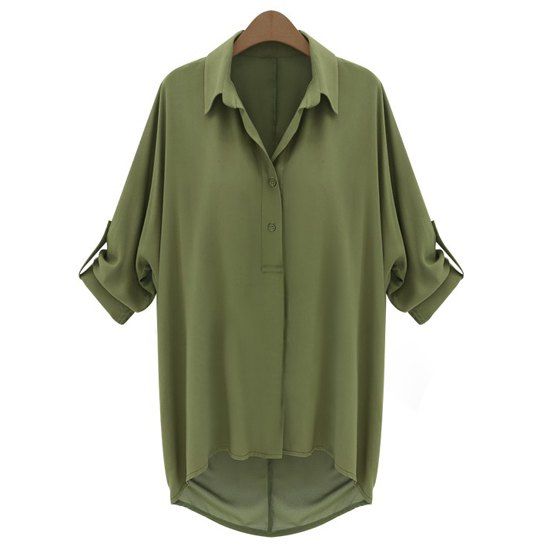 Green Xl Casual Shirt Collar Long Sleeve Solid Color High-low Hem ...