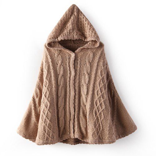 Coffee One Size Stylish Hooded Solid Color Cable Knit Hollow Out Long ...