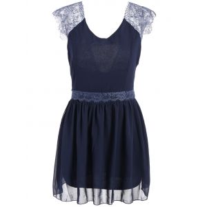 

Trendy Style Sleeveless Lace Splicing Solid Color Backless Women' Dress, Blue