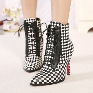 White/black 39 Stylish Lace-up And Color Matching Plaid Design Women's