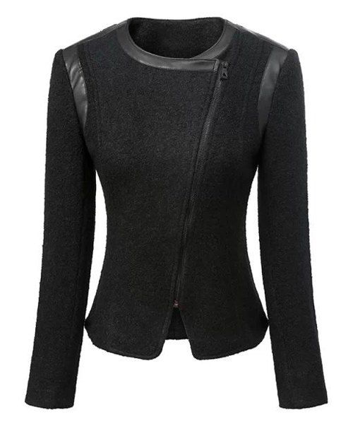 38 Off Stylish Round Neck Long Sleeve Zippered Spliced Slimming Woolen Womens Jacket Rosegal 