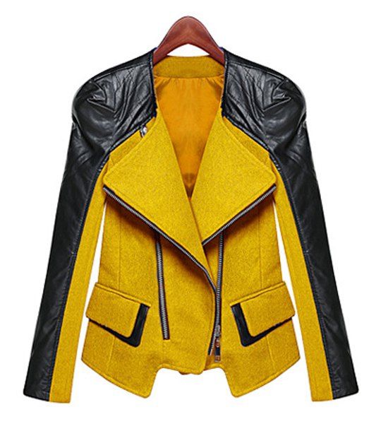 17 Off Stylish Turn Down Collar Long Sleeve Faux Leather Splicing Zipper Womens Jacket Rosegal 