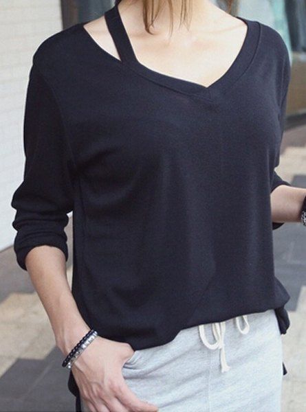 

Casual V-Neck Long Sleeve T-Shirt For Women, Black