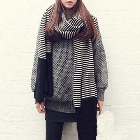 New Exquisite Striped Color Splicing Warm Knitted Scarf For Women  
