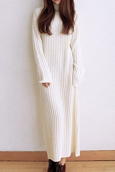 Cheap Stylish Turtle Neck Solid Color Knitted Long Sleeve Women's Maxidress  