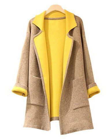 New Stylish Lapel Color Block Double-Pocket Long Sleeve Women's Coat  