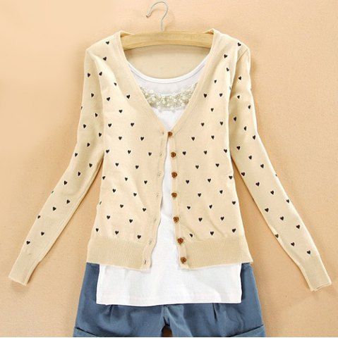 Apricot One Size(fit Size Xs To M) Sweet V-neck Long Sleeve Heart ...