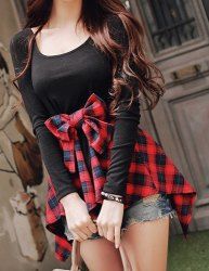Stylish Scoop Neck Checked Spliced Bowknot Embellished Long Sleeve Women's T-Shirt -  