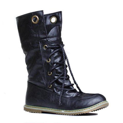 

Lace Up Ruched Mid Calf Boots, Black