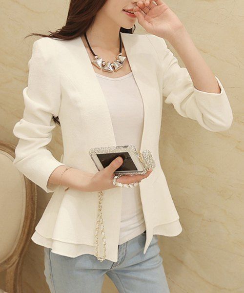 White L Casual Collarless Solid Color Ruffled Blazer For Women ...