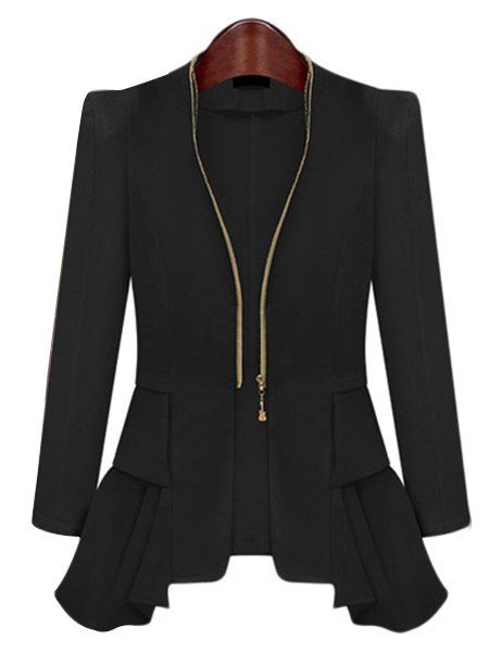 Black Xl Stylish Zippered Long Sleeve Ruffled Blazer For Women ...
