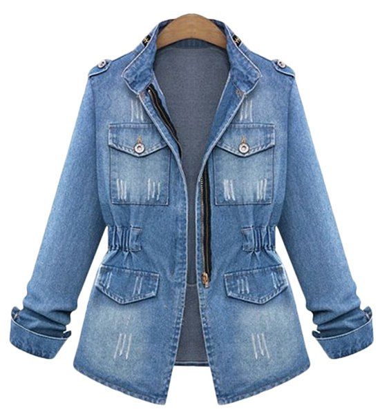[12 OFF] Stylish StandUp Collar Long Sleeve Zippered Scratch Denim