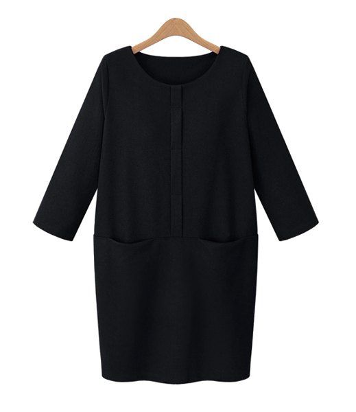 Black Xl Elegant Scoop Neck 3/4 Sleeve Solid Color Dress For Women ...