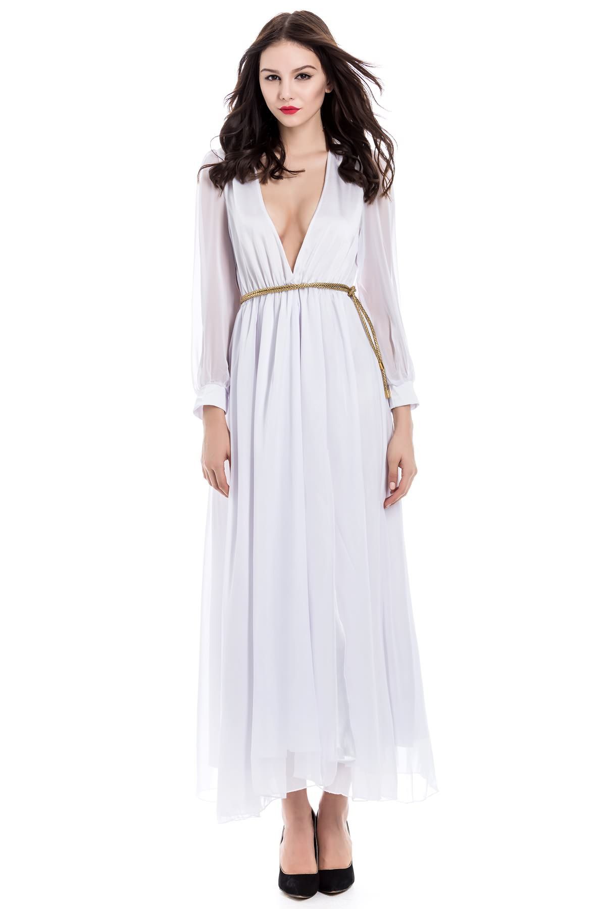 

Long Sleeve Deep Plunging V Neck Slit Maxi Dress, White