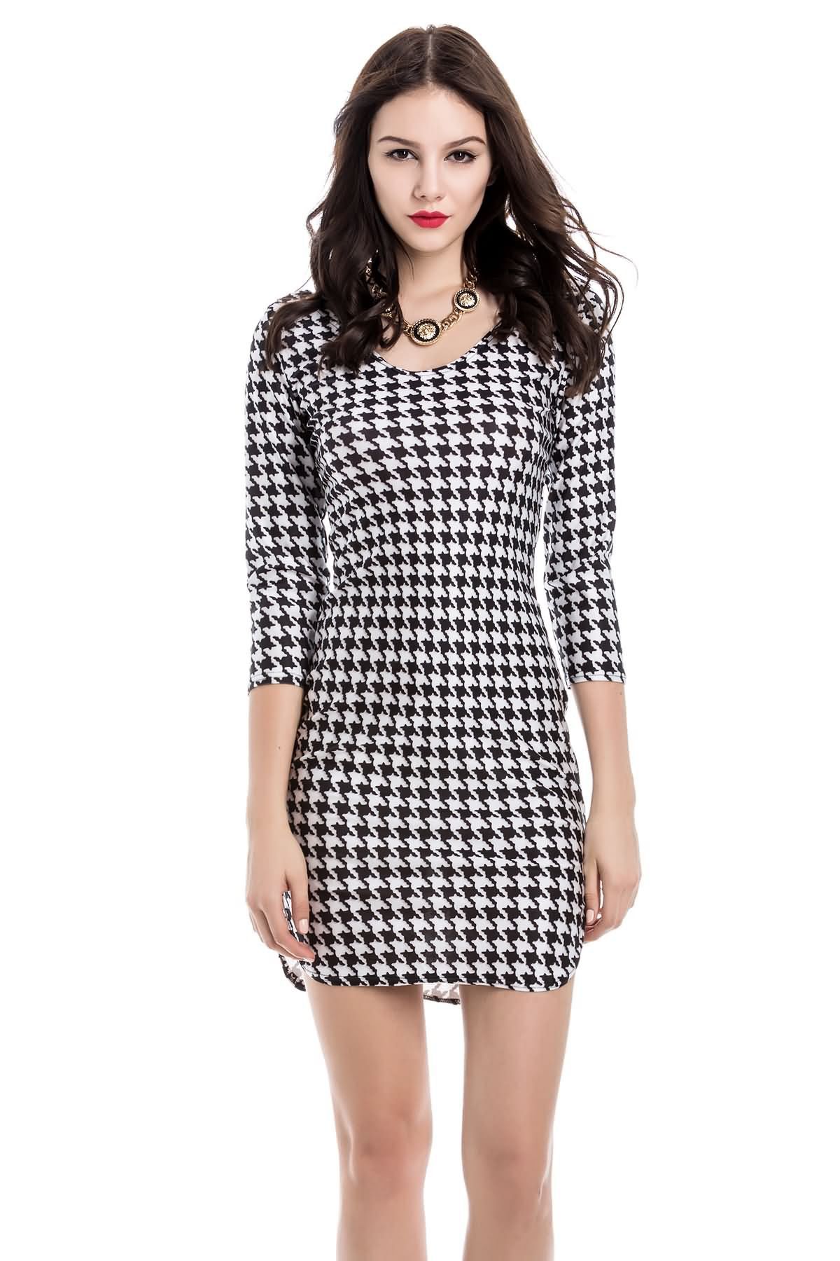 75 Off Sexy Off The Shoulder Houndstooth 34 Sleeve Dress For Women Rosegal