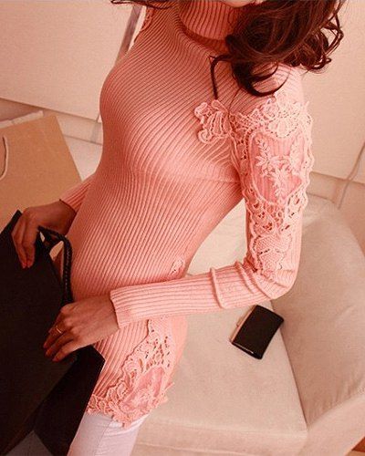 

Stylish Turtle Neck Long Sleeve Lace Spliced Solid Color Women's Sweater, Pink
