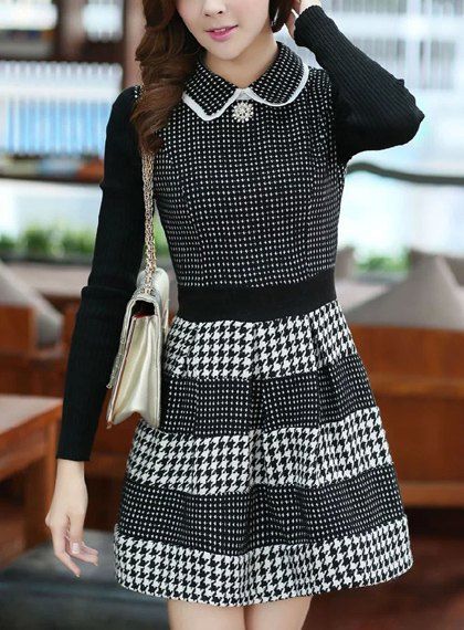 [12% OFF] Casual Flat Collar Long Sleeve Spliced Houndstooth Women's ...