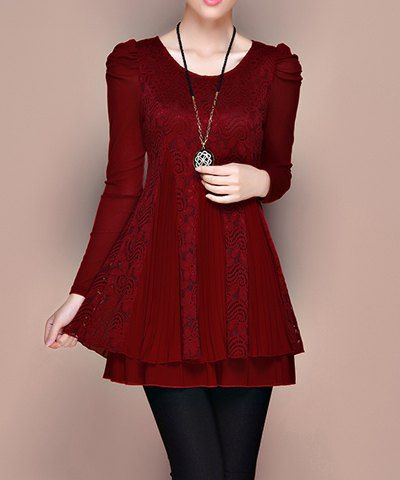 [28% OFF] Stylish Scoop Neck Long Sleeves Lace Splicing Pleated Dress ...