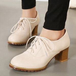 Apricot 39 Simple Chunky Heel And Lace-up Design Women's Pumps ...