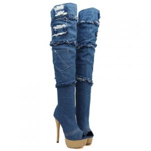 denim peep toe thigh high boots