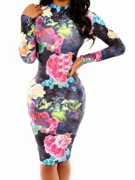 [41% OFF] Sexy Turtle Neck Long Sleeve Floral Print Bodycon Women's ...