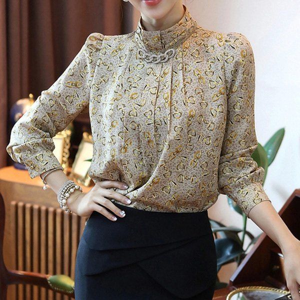2019 Graceful Stand Collar Floral Print Long Sleeve Blouse For Women ...