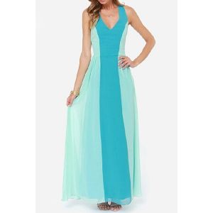 Blue 3xl Simple Plunging Neck Sleeveless Color Block Chiffon Women's ...