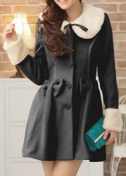 Sweet Style Turn-Down Collar Bowknot Splicing Faux Fur Long Sleeve Coat For Women -  