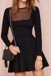 Fashionable Round Neck Mesh Splicing Long Sleeve Dress For Women -  