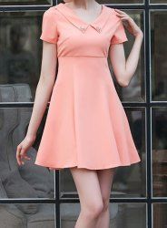 Vintage Peter Pan Collar Short Sleeves Beaded Solid Color Dress For Women -  