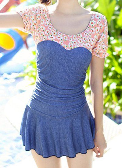 Shop Sexy Scoop Collar Short Sleeve Tiny Floral Print One-Piece Women's Swimwear  