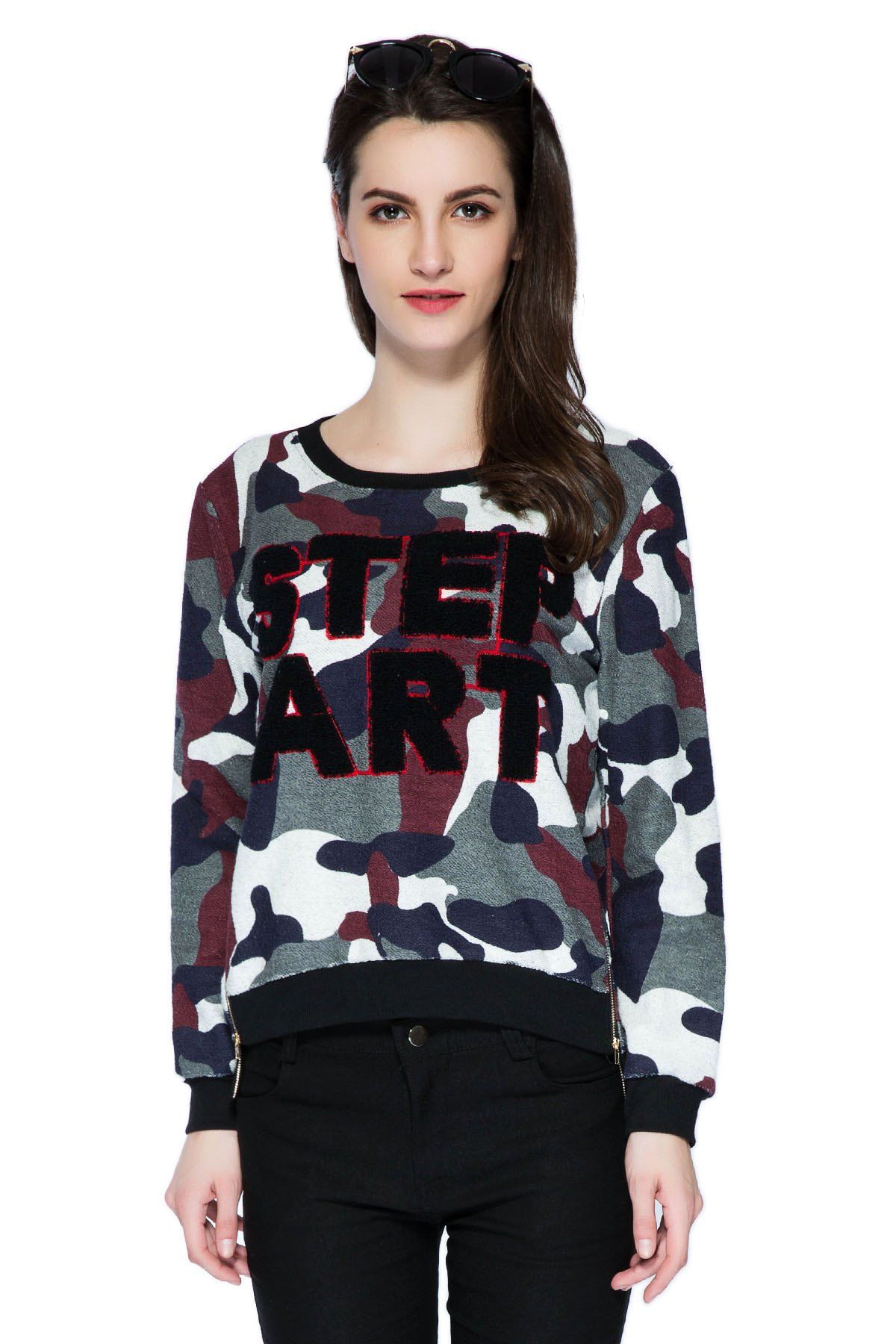 

Stylish Scoop Collar Long Sleeve Letter and Camouflage Pattern Women's Sweatshirt, Colormix
