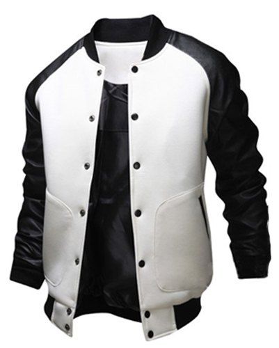 

Stylish Stand Collar Slimming Large Pocket Color Splicing Long Sleeve Polyester Jacket For Men, White