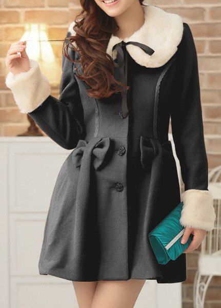 Shops Sweet Style Turn-Down Collar Bowknot Splicing Faux Fur Long Sleeve Coat For Women  
