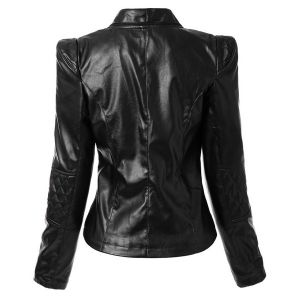 Black Xl Stylish Plunging Neckline Long Sleeve Pu Leather Jacket For ...