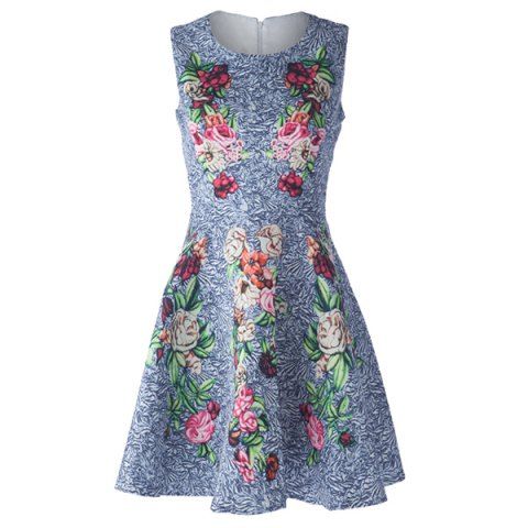 2018 Stylish Round Collar Sleeveless Flower Pattern Women's Dress In ...