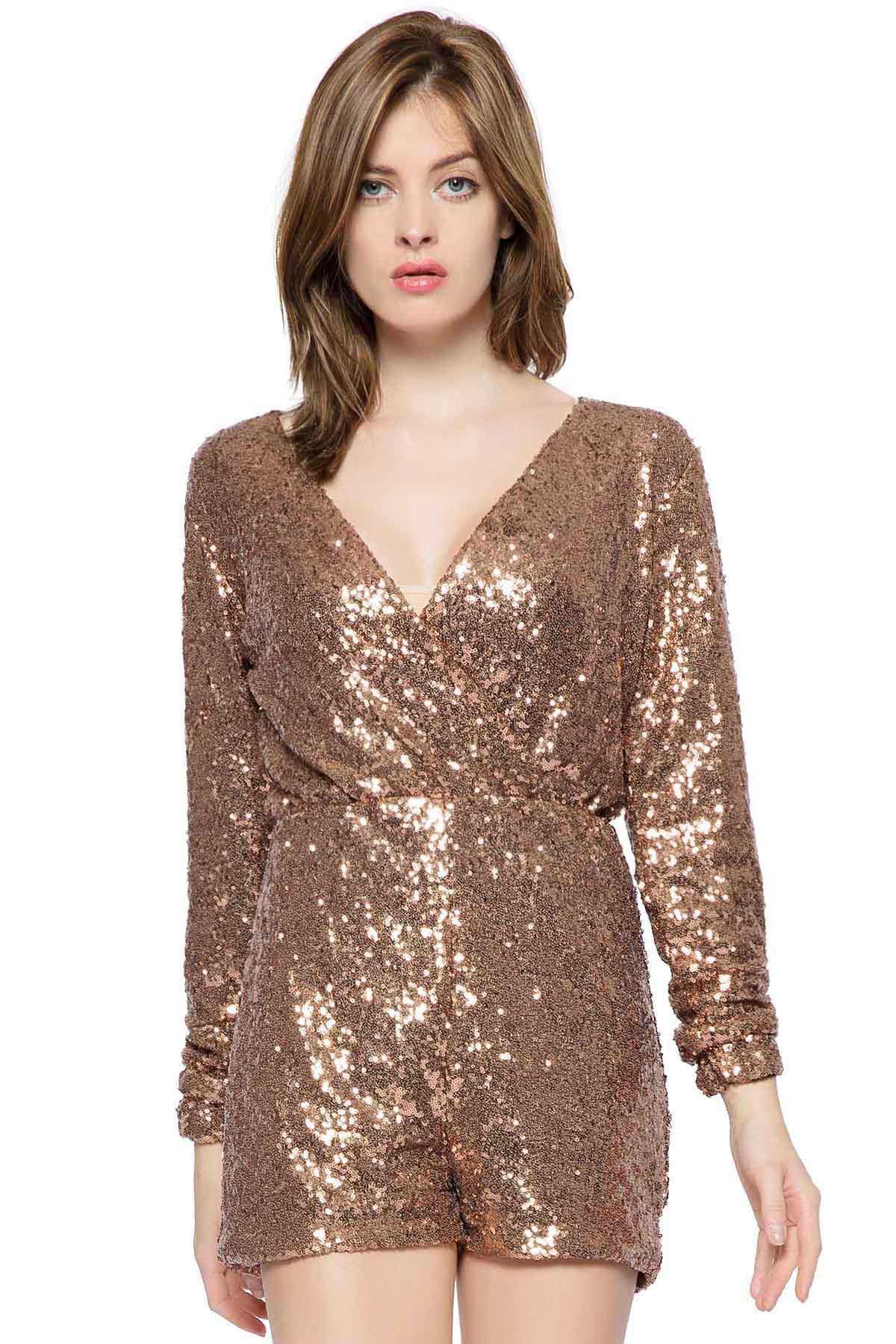2018 Sexy Plunging Neck Long Sleeve Sequined Women's Romper In Golden ...