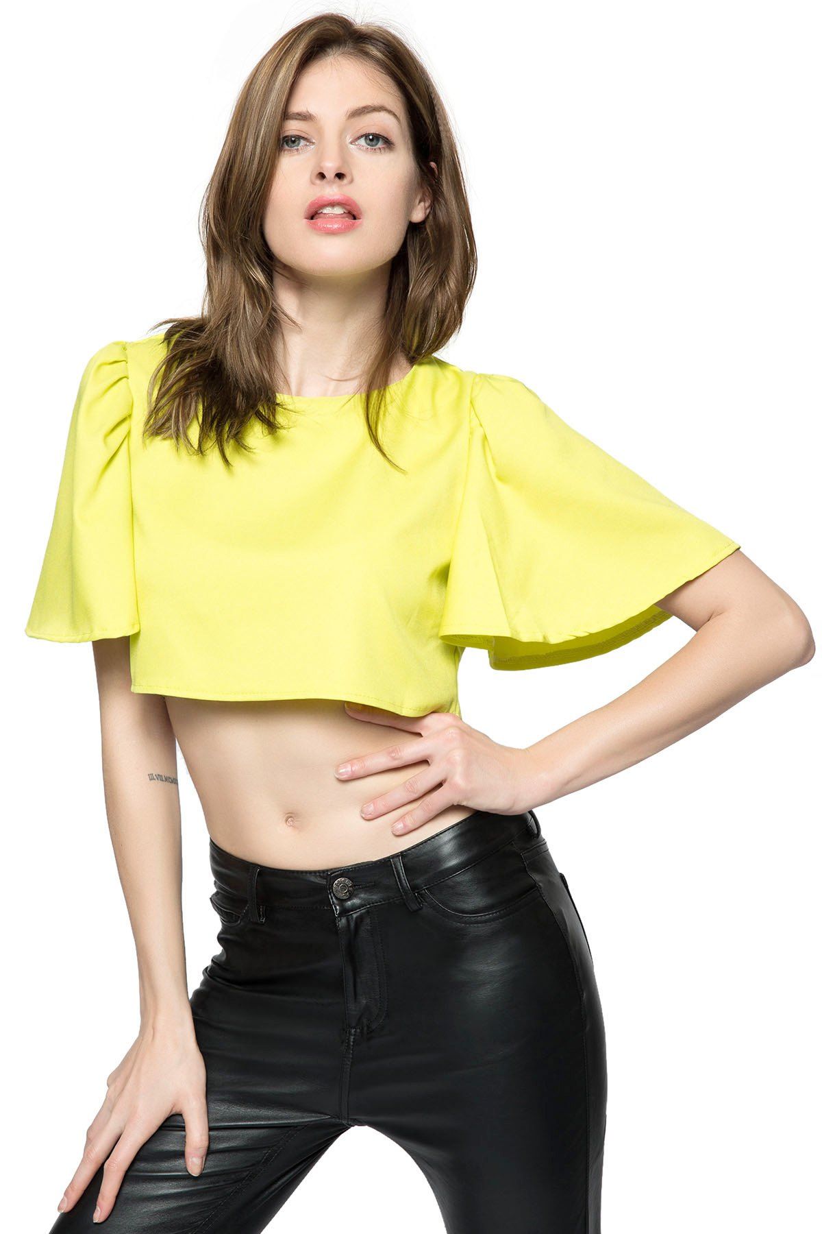 

Chic Style Round Collar Ruffled Solid Color Flare Sleeve Women's Crop Top, Yellow
