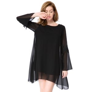 

Simple Round Collar Long Sleeve Solid Color Asymmetrical Women's Dress, Black