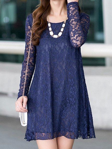 

Stylish Scoop Neck Long Sleeves Solid Color Lace Dress For Women, Deep blue