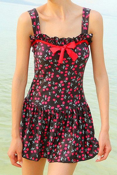 [25% OFF] Sweet Cherry Print Bowknot Decorated One-Piece Women's ...