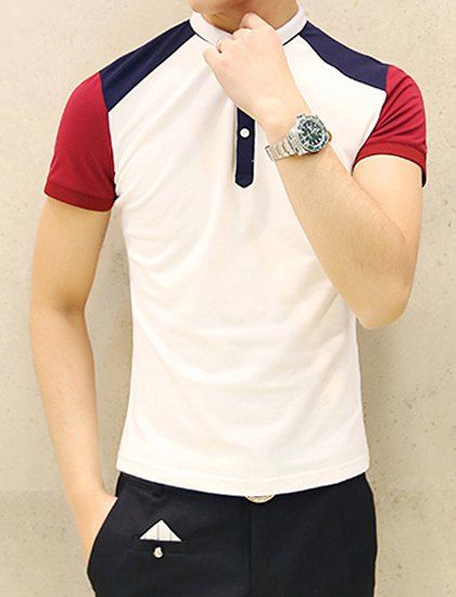 

Slimming Turn-down Collar Color Block Applique Embellished Short Sleeves Men's T-Shirt, Wine red