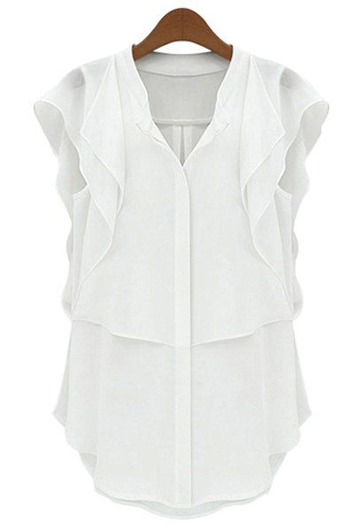 White L Stylish V-neck Short Sleeve Solid Color Chiffon Women's Blouse ...